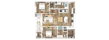 A detailed 3D floor plan of a small apartment layout.