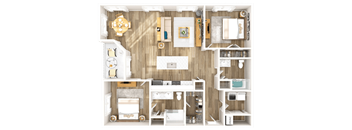 A top-down view of a small apartment with a kitchen, living room, and bedroom.
