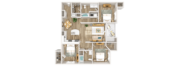 A detailed 3D floor plan of a house layout.