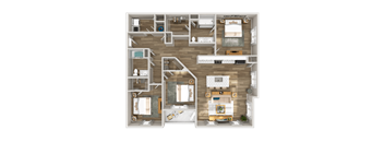 A detailed 3D floor plan of a two-bedroom apartment.
