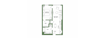 A floor plan of a small apartment with a bedroom, bathroom, kitchen, and living room.