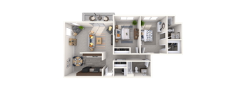 A 3D rendered image of a small apartment layout.