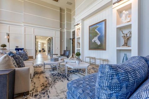 a living room with blue and white furniture and a rug