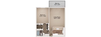A diagram shows the layout of a small apartment with a balcony, bedroom, living room, and kitchen.