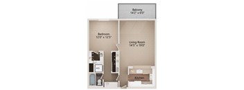 A floor plan of a small apartment with a balcony, bedroom, living room, kitchen, and bathroom.