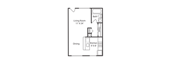 A floor plan of a small apartment with a living room, dining area, kitchen, and bathroom.