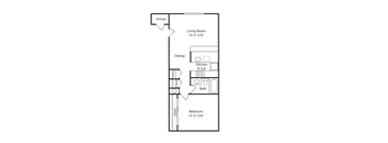 A floor plan of a small apartment with a living room, dining area, kitchen, bathroom, and storage.