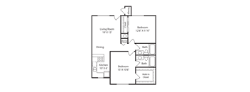 A floor plan of a small apartment with a living room, dining area, kitchen, and two bedrooms.