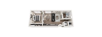 A floor plan of a room with a kitchen, living room, and bathroom.