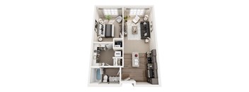 A top down view of a small apartment with a kitchen, living room, and bathroom.
