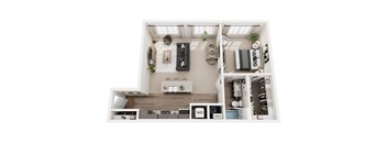A top-down view of a small apartment with a kitchen, living room, and bathroom.