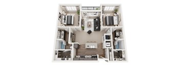 A top-down view of a small apartment with a kitchen, living room, and bedroom.