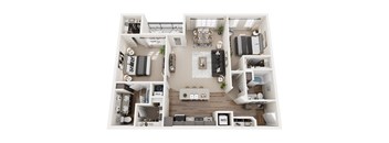 A top-down view of a modern apartment layout.