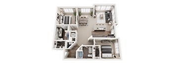 A floor plan of a house with a living room, kitchen, and two bedrooms.
