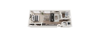 A top-down view of a small apartment layout with a kitchen, living room, and bathroom.