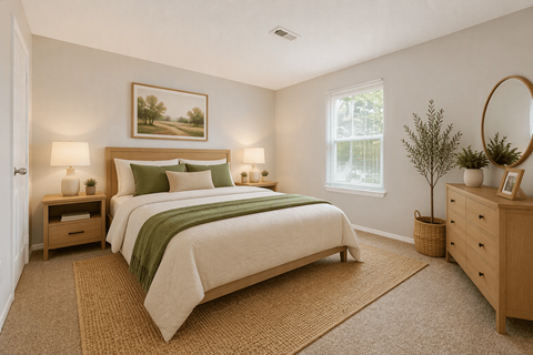 A bedroom with a large bed and a painting on the wall.