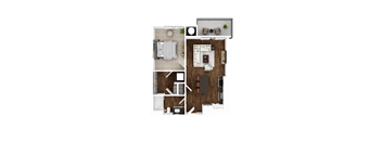 A top-down view of a room with a bed, a couch, a desk, and a TV.