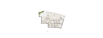 A floor plan of a house with a living room, two bedrooms, a bathroom, and a kitchen.