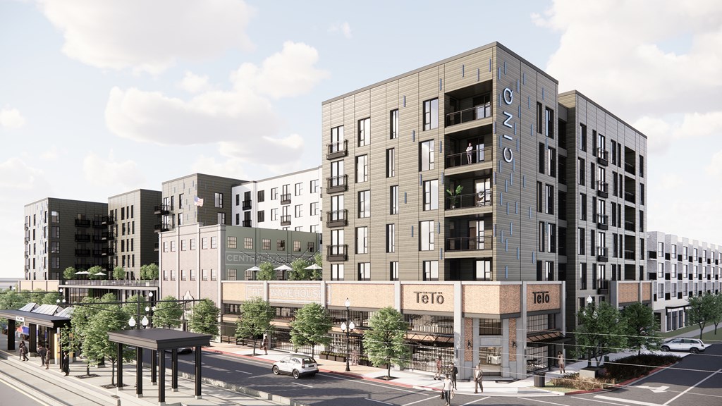 an architectural rendering of a new apartment building on a city street