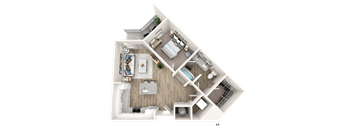 A 3D floor plan of a small apartment layout.