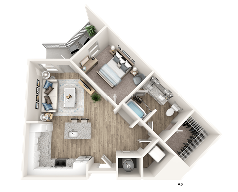 A 3D floor plan of a small apartment layout.