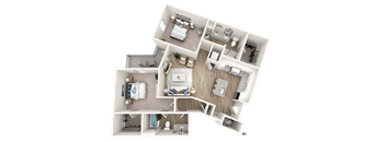 A 3D floor plan of a house with multiple rooms and furniture.