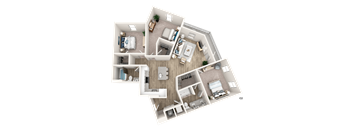 A 3D floor plan of a house layout.