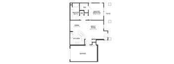 A floor plan of a house with a master bedroom, a dining room, a great room, a kitchen, a garage, and a patio.