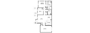 A floor plan of a house with a master bedroom, two bathrooms, a living room, a dining room, a kitchen, a garage, and a patio.