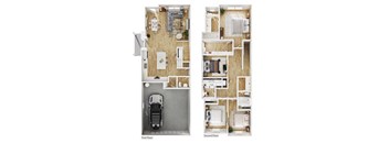 A diagram of a two-story house with labeled first and second floors.