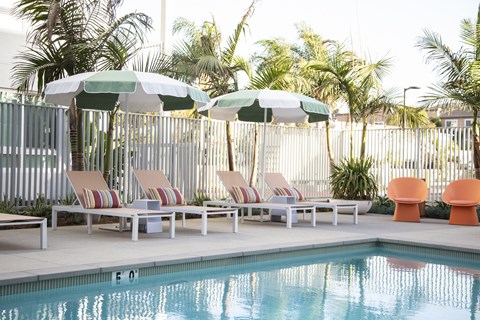 A pool with chairs and umbrellas in the foreground.