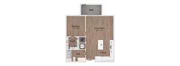 A floor plan of a small apartment with a bedroom, living room, kitchen, bathroom, and closet.