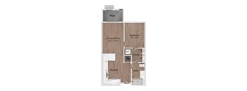 A diagram of a house layout with a living room, bedroom, kitchen, bathroom, and closet.