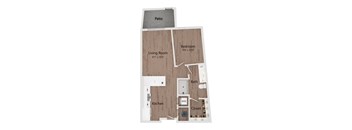 A diagram of a house layout with a living room, bedroom, kitchen, bathroom, and closet.