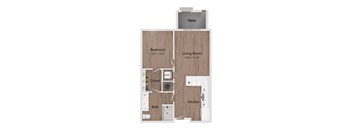 A diagram of a house layout with a bedroom, living room, kitchen, bathroom, and closet.