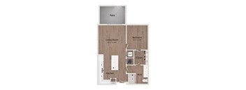 A floor plan of a small apartment with a living room, kitchen, bedroom, and bathroom.