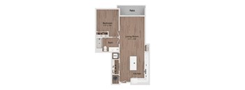 A floor plan of a house with a bedroom, living room, kitchen, bath, and patio.
