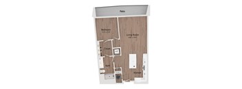 A floor plan of a small apartment with a bedroom, living room, kitchen, bathroom, and closet.