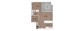A floor plan of a house with a living room, kitchen, office/flex space, bath, and bedroom.
