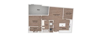 A floor plan of a house with a patio, living room, office, kitchen, bedroom, and bathroom.