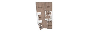 A floor plan of a small apartment with a living room, bedroom, kitchen, bathroom, and office space.
