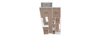 A floor plan of a home with a living room, bedroom, kitchen, bathroom, and office/flex space.