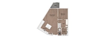 A floor plan of a house with a living room, bedroom, kitchen, bath, and closet.