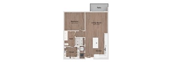 A floor plan of a house with a bedroom, living room, kitchen, bath, and closet.