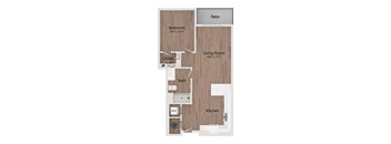 A floor plan of a house with a bedroom, living room, kitchen, bath, and closet.