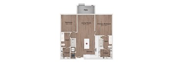 A floor plan of a house with a living room, bedroom, and kitchen.