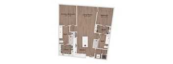 A floor plan of a house with a living room, two bedrooms, a kitchen, two bathrooms, and two closets.