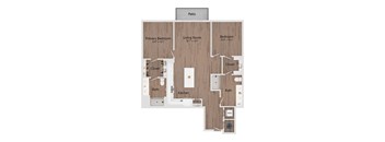 A floor plan of a house with a living room, two bedrooms, a kitchen, and two bathrooms.