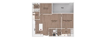 A floor plan of a house with a living room, kitchen, two bedrooms, a bath, and a closet.