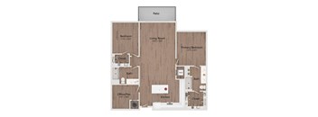 A floor plan of a house with a living room, bedroom, office, kitchen and bathroom.